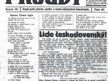Proudy, titulní strana vydání z 30. října 1918. Státní vědecká knihovna v Olomouci.